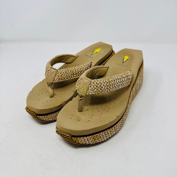 Volatile Wedge Flip Flops Raffia Platform Sandals Tan Braided 10" Sole Size 9 - Picture 1 of 12